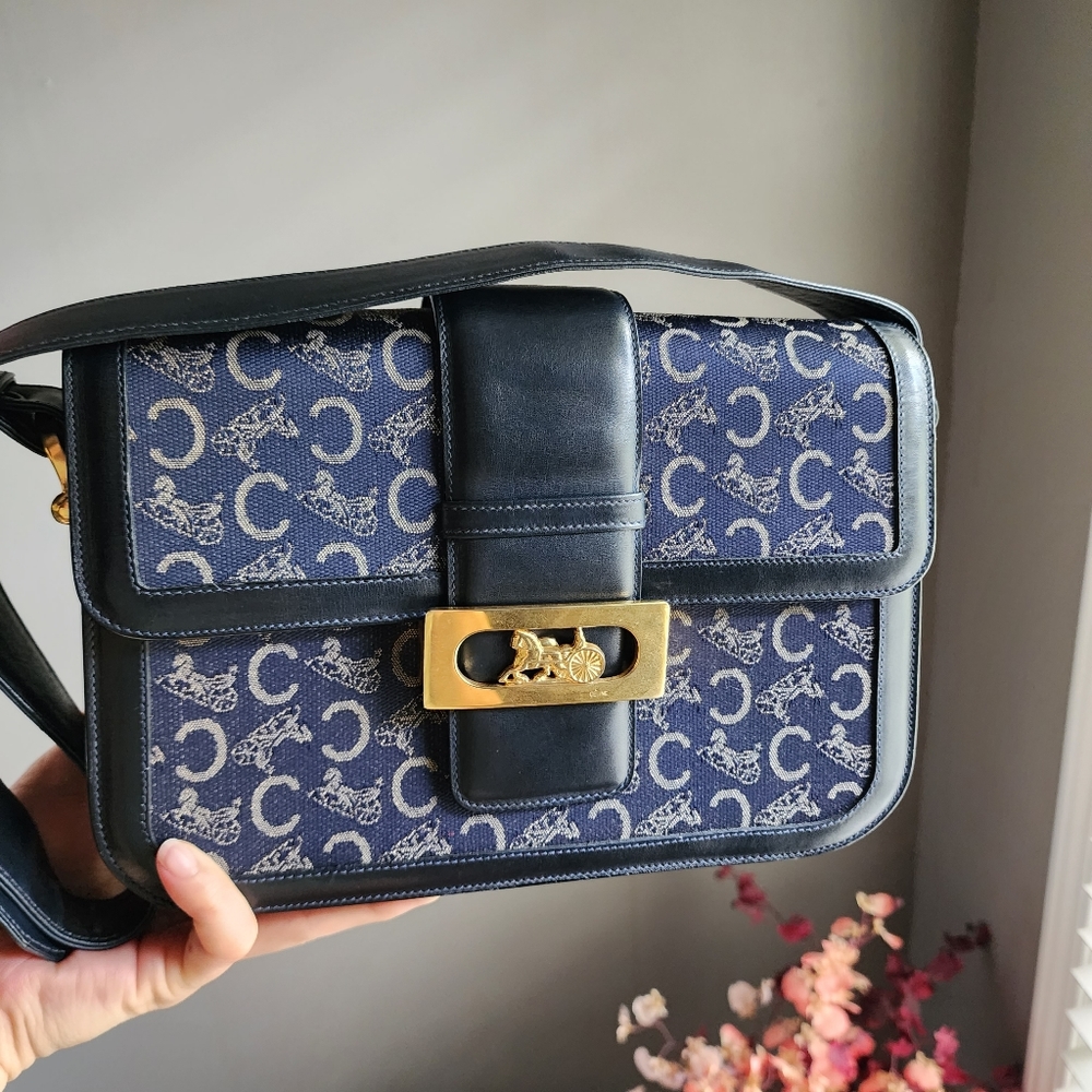 VTG Celine C Sulky Canvas Leather Horse Carriage Flap Shoulder Bag